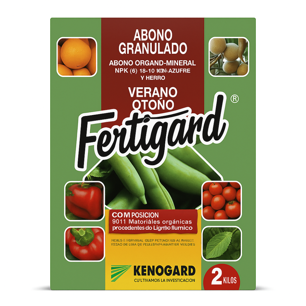Abono Granulado Organo-Mineral FERTIGARD Kenogard – NPK 8-12-18 con Azufre, Hierro y Materia Orgánica – Jardín, Huerta y Césped – 2 Kg